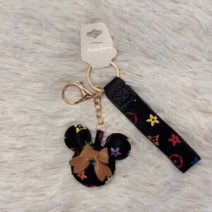 Black Faux Leather Minnie Keychain Leather Strap in Wristlet with Brown Bow